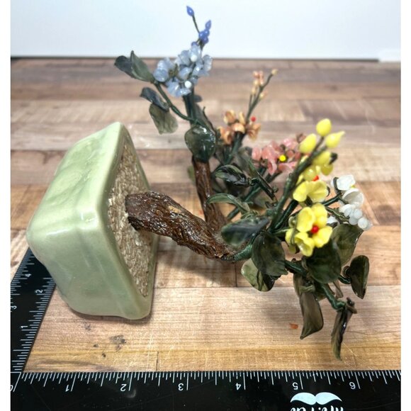 Gemstone Bonsai Tree Ornament With Multicolored Flowers In Ceramic Pot - Picture 8 of 8